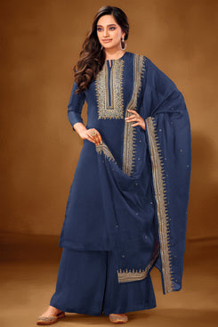 Bhelpuri Blue Pure Cotton lawn Designer Party Wear Plazzo Suit
