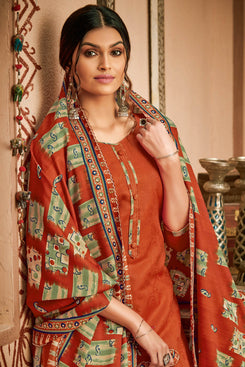 Bhelpuri Pure Wool Pashmina Orange Winter Special Pure Pashmina Printed Patiala Suit