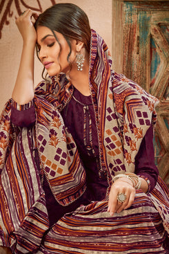 Bhelpuri Pure Wool Pashmina Wine Winter Special Pure Pashmina Printed Patiala Suit