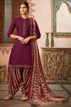 Bhelpuri Pure Wool Pashmina Wine Winter Special Pure Pashmina Printed Patiala Suit