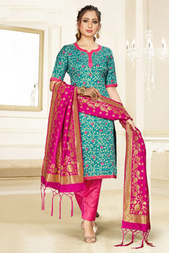 Admyrin Turquiose Banarasi Silk Designer Festive Wear Salwar Suit