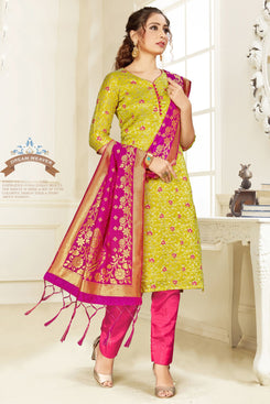 Admyrin Olive Green Banarasi Silk Designer Festive Wear Salwar Suit