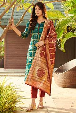 Admyrin Green Designer Bandhani Silk Blend Salwar Suit