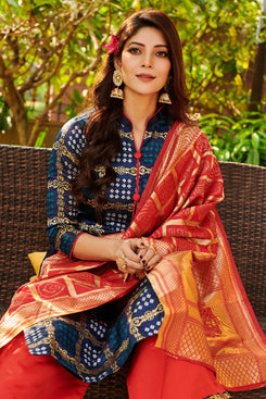 Admyrin Blue Designer Bandhani Silk Blend Salwar Suit