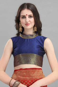 Admyrin Red & Navy Blue Soft Kanjivaram Silk Woven Designer Party Wear Saree with Blouse Piece