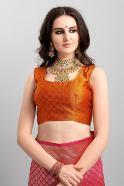 Admyrin Pink & Orange Soft Kanjivaram Silk Woven Designer Party Wear Saree with Blouse Piece