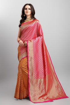 Admyrin Pink & Orange Soft Kanjivaram Silk Woven Designer Party Wear Saree with Blouse Piece