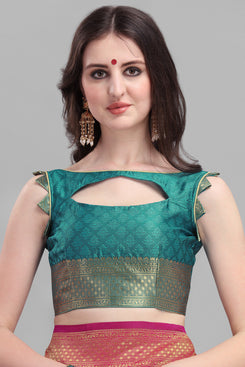 Admyrin Pink & Green Soft Kanjivaram Silk Woven Designer Party Wear Saree with Blouse Piece