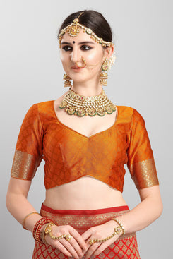 Admyrin Red & Orange Soft Kanjivaram Silk Woven Designer Party Wear Saree with Blouse Piece