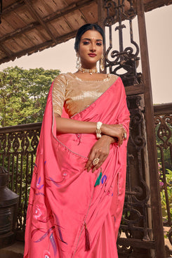 Admyrin Red & Black Japan Satin Woven Designer Party Wear Saree with Blouse Piece