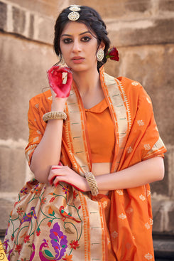 Admyrin Mustard Banarasi Soft Silk Jacquard Work Designer Party Wear Saree with Blouse Piece