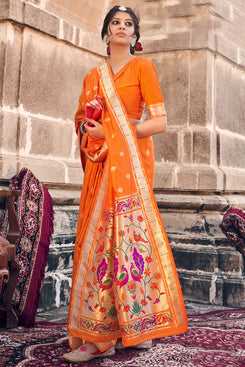 Admyrin Mustard Banarasi Soft Silk Jacquard Work Designer Party Wear Saree with Blouse Piece