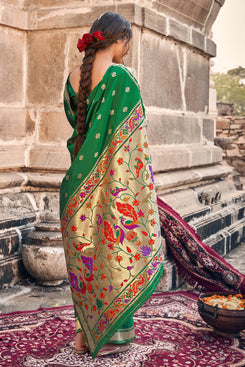 Admyrin Green Banarasi Soft Silk Jacquard Work Designer Party Wear Saree with Blouse Piece