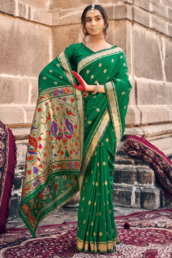Admyrin Green Banarasi Soft Silk Jacquard Work Designer Party Wear Saree with Blouse Piece