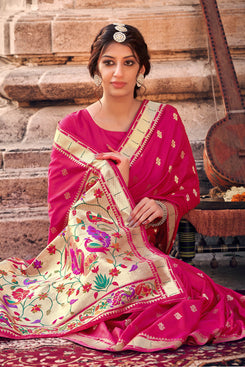 Admyrin Rani Pink Banarasi Soft Silk Jacquard Work Designer Party Wear Saree with Blouse Piece