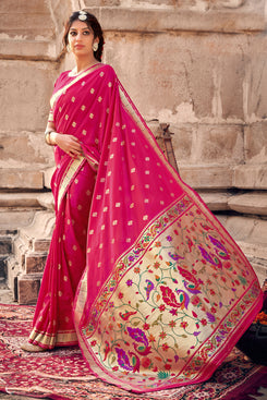 Admyrin Rani Pink Banarasi Soft Silk Jacquard Work Designer Party Wear Saree with Blouse Piece
