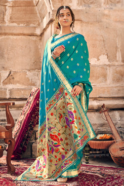 Admyrin Rama Blue Banarasi Soft Silk Jacquard Work Designer Party Wear Saree with Blouse Piece
