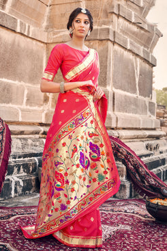 Admyrin Pink Banarasi Soft Silk Jacquard Work Designer Party Wear Saree with Blouse Piece