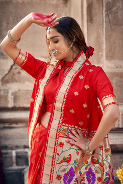 Admyrin Red Banarasi Soft Silk Jacquard Work Designer Party Wear Saree with Blouse Piece