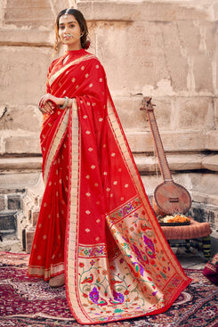 Admyrin Red Banarasi Soft Silk Jacquard Work Designer Party Wear Saree with Blouse Piece