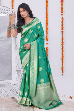 Admyrin Rama Blue Banarasi Silk Jacquard Work Designer Party Wear Saree with Blouse Piece