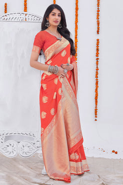 Admyrin Orange Banarasi Silk Jacquard Work Designer Party Wear Saree with Blouse Piece