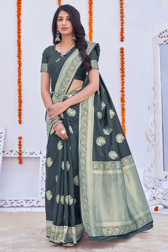 Admyrin Dark Gray Banarasi Silk Jacquard Work Designer Party Wear Saree with Blouse Piece