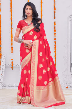 Admyrin Rust Banarasi Silk Jacquard Work Designer Party Wear Saree with Blouse Piece