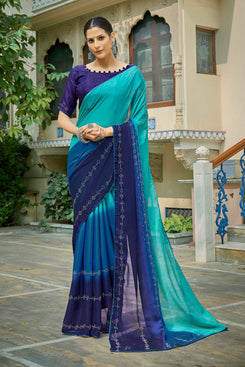 Admyrin Blue and Aqua Moss Chiffon Silver Colors Swarovski Designer Diamonds Designer Party Wear Saree with Blouse Piece