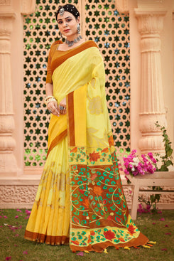Admyrin Yellow Cotton Foil Printed Saree with Blouse Piece