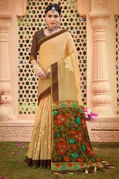 Admyrin Beige Cotton Foil Printed Saree with Blouse Piece