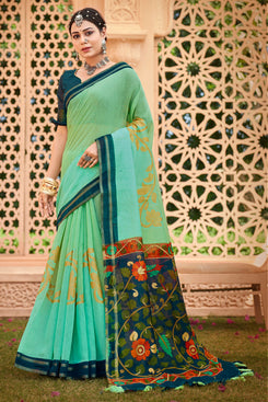 Admyrin Green Cotton Foil Printed Saree with Blouse Piece