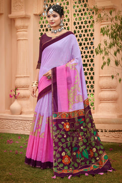 Admyrin Purple Cotton Foil Printed Saree with Blouse Piece
