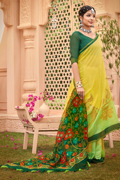 Admyrin Yellow Cotton Foil Printed Saree with Blouse Piece