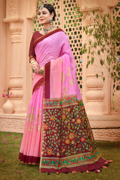 Admyrin Pink Cotton Foil Printed Saree with Blouse Piece