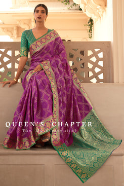 Admyrin Purple Handloom Silk Woven Designer Party Wear Saree with Blouse Piece