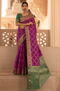 Admyrin Purple Handloom Silk Woven Designer Party Wear Saree with Blouse Piece