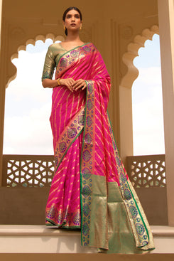 Admyrin Pink Handloom Silk Woven Designer Party Wear Saree with Blouse Piece