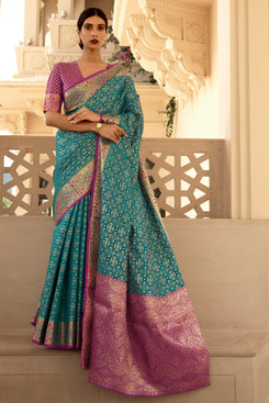 Admyrin Green Handloom Silk Woven Designer Party Wear Saree with Blouse Piece