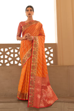 Admyrin Orange Handloom Silk Woven Designer Party Wear Saree with Blouse Piece