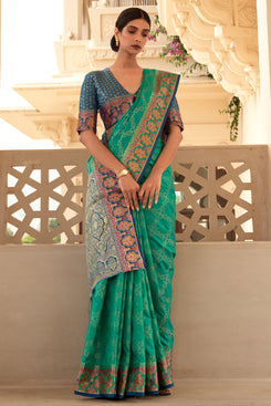 Admyrin Green Handloom Silk Woven Designer Party Wear Saree with Blouse Piece