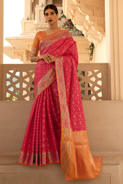Admyrin Red Handloom Silk Woven Designer Party Wear Saree with Blouse Piece