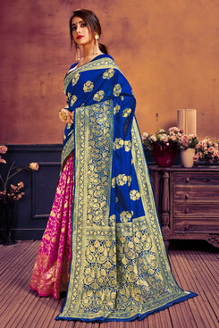 Admyrin Blue & Pink Pure Soft Litchi Banarasi Silk  Woven Designer Party Wear Saree with Blouse Piece
