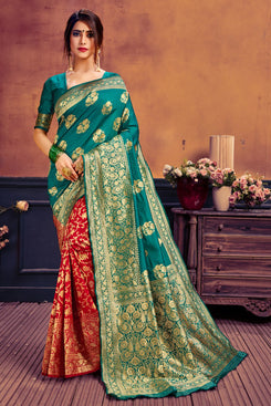 Admyrin Green & Red Pure Soft Litchi Banarasi Silk  Woven Designer Party Wear Saree with Blouse Piece
