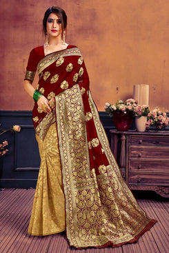 Admyrin Brown & Golden Pure Soft Litchi Banarasi Silk  Woven Designer Party Wear Saree with Blouse Piece