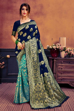 Admyrin Navy Blue & Aqua Pure Soft Litchi Banarasi Silk  Woven Designer Party Wear Saree with Blouse Piece