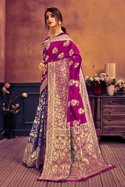 Admyrin Magenta & Blue Pure Soft Litchi Banarasi Silk  Woven Designer Party Wear Saree with Blouse Piece