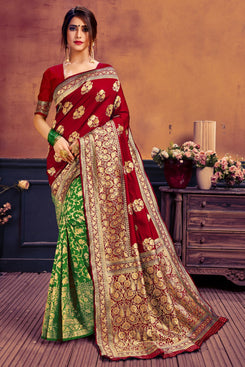 Admyrin Red & Green Pure Soft Litchi Banarasi Silk  Woven Designer Party Wear Saree with Blouse Piece