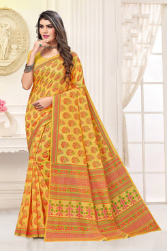 Admyrin Yellow Cotton Printed Saree with Blouse Piece