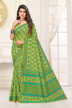 Admyrin Green Cotton Printed Saree with Blouse Piece